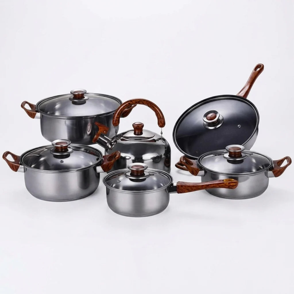 12 Piece Pot Set Stainless Steel Base with Wooden Grain Finish