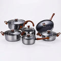 12 Piece Pot Set Stainless Steel Base with Wooden Grain Finish