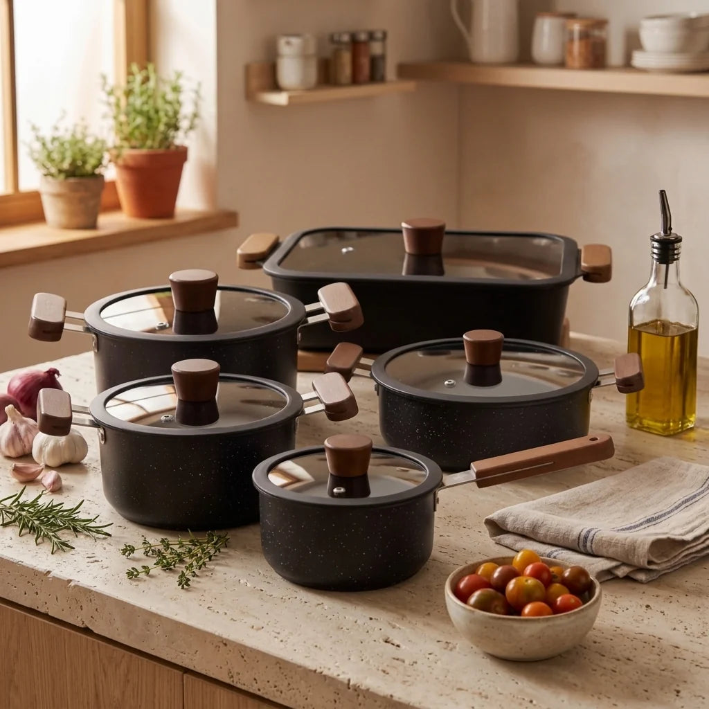 Black Stainless Steel Double Bottom Cookware with Glass Lids
